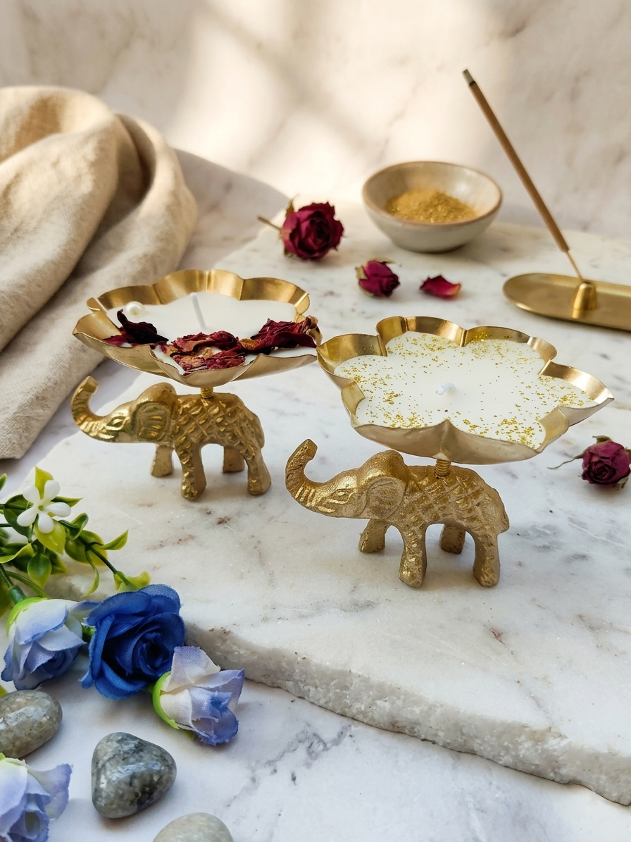 Premium Scented Elephant Diya for Home Decor – Gold Table Top Decoration, Urli Candle & Tea Light Holder (Pack of 2)