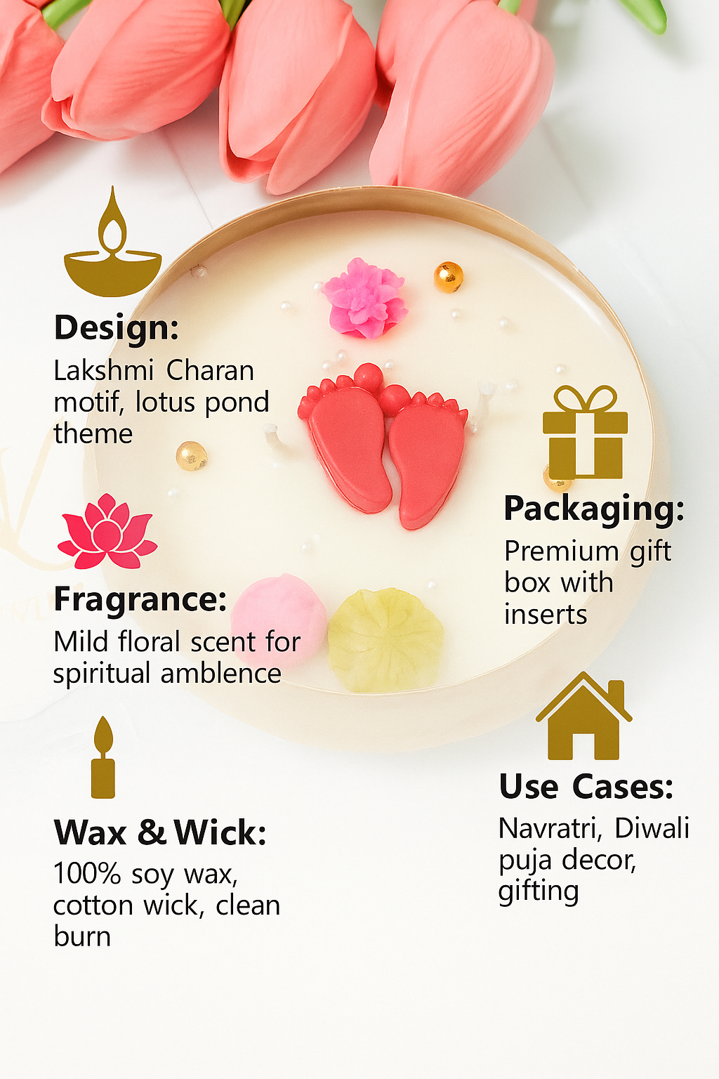 Lakshmi Charan Scented Candle – lotus pond soy wax candle for Navratri and puja décor