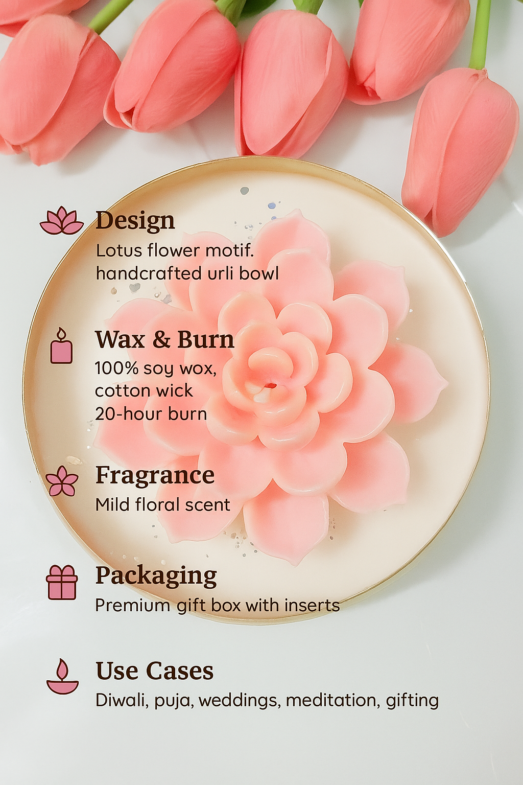 Bowl urli scented candle with lotus flower – 5 inch soy wax Diwali decor