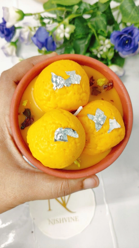 Terracotta Bowl Yellow Rasmalai Candle – soy wax festive décor with 3 wax sweets