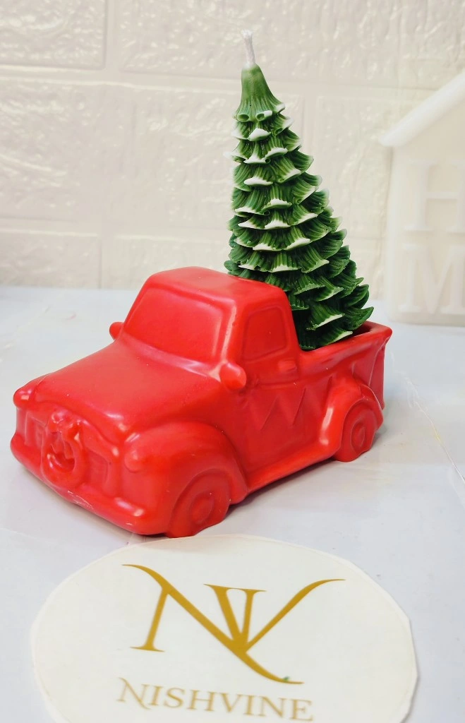 Car with Christmas Tree Candle – red pickup truck with green tree, 250g soy wax festive décor candle
