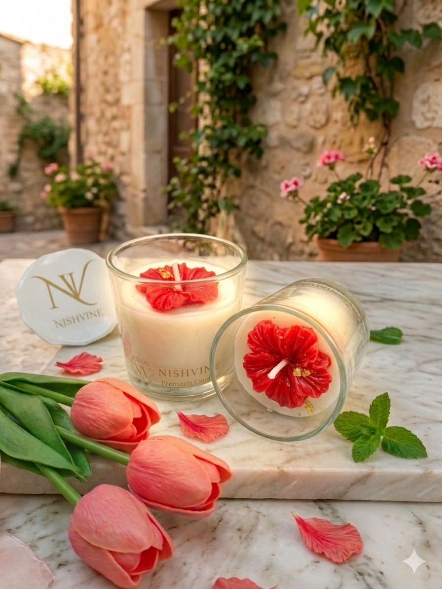 Shot Glass Candle with Embedded Red Flower