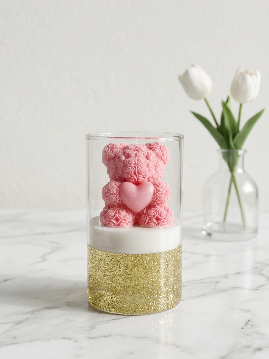 Rose Teddy Candle in Glass
