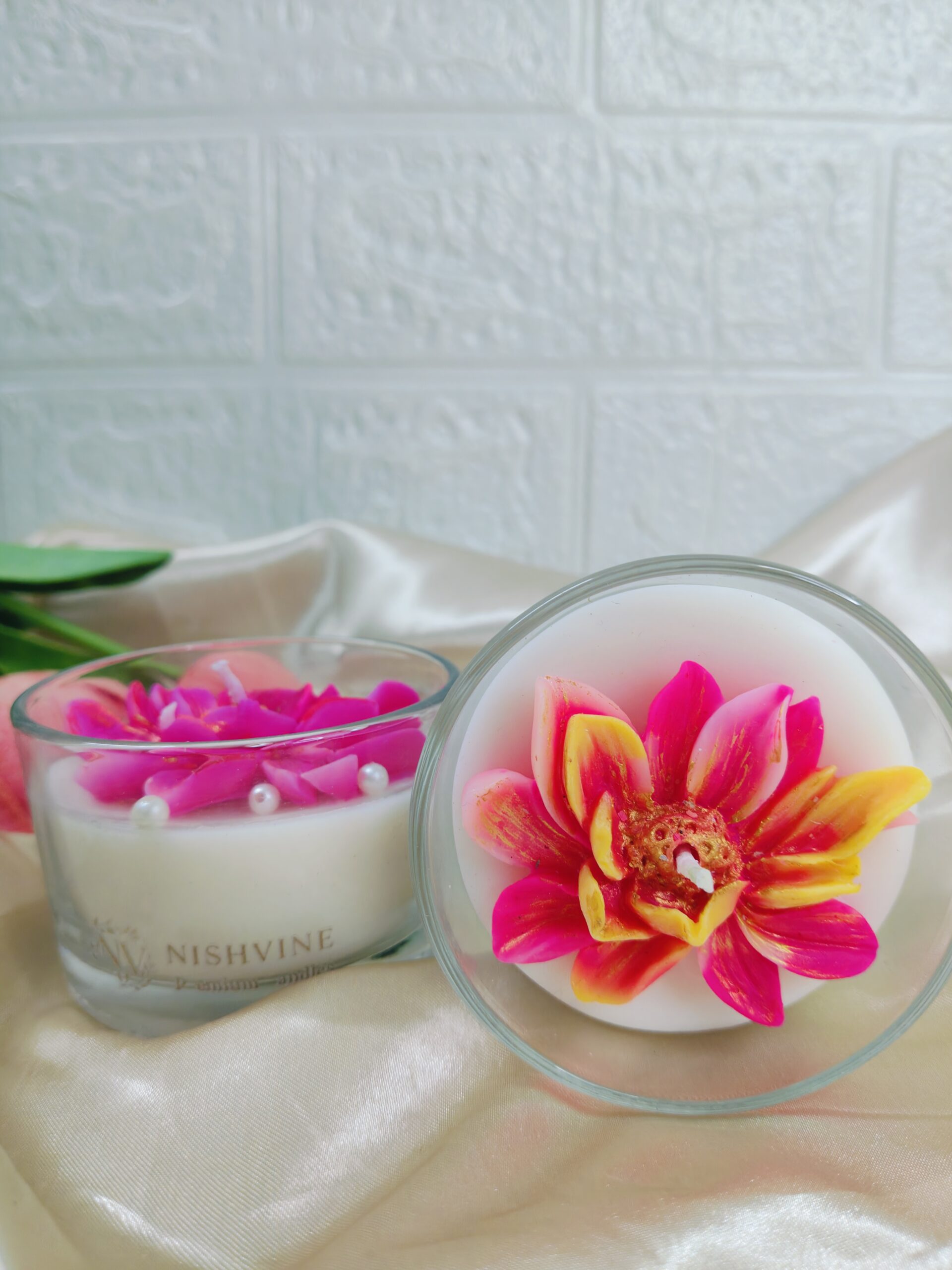 Premium Glass Candle with Floral Petals & Pearl Detailing