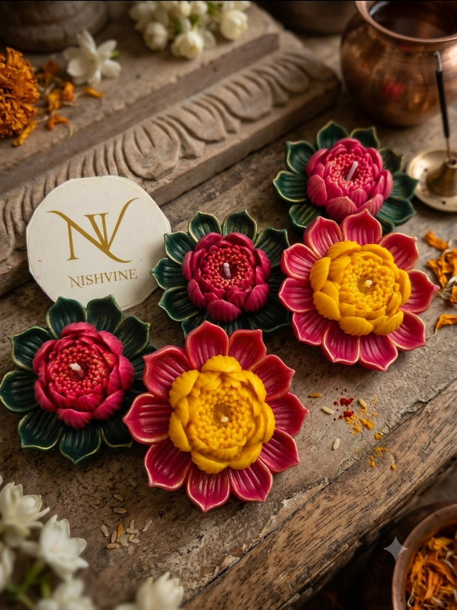 lotus flower candle set of 5, handmade lotus wax candle, decorative flower candle, Diwali lotus candle décor, puja lotus candle gift, festive wax candle set, lotus tealight candle