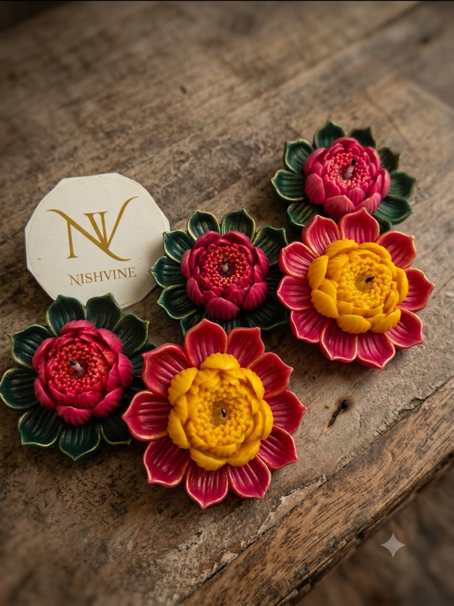 lotus flower candle set of 5, handmade lotus wax candle, decorative flower candle, Diwali lotus candle décor, puja lotus candle gift, festive wax candle set, lotus tealight candle