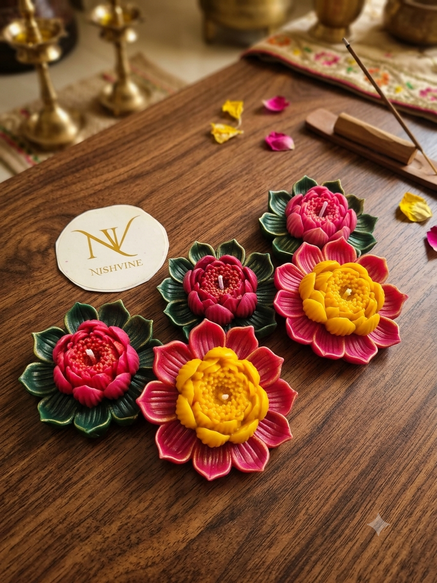 lotus flower candle set of 5, handmade lotus wax candle, decorative flower candle, Diwali lotus candle décor, puja lotus candle gift, festive wax candle set, lotus tealight candle