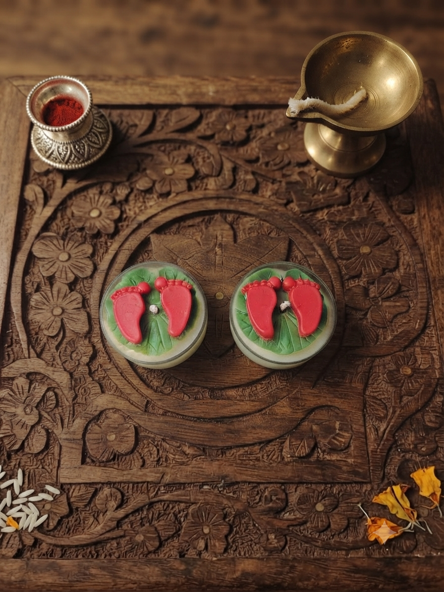 lakshmi charan tealight candle hamper, goddess lakshmi footprint candle, handmade tealight wax candle, Diwali charan candle décor, puja tealight candle gift, festive wax candle set, spiritual tealight hamper