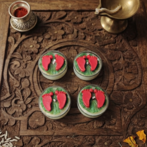 lakshmi charan tealight candle hamper, goddess lakshmi footprint candle, handmade tealight wax candle, Diwali charan candle décor, puja tealight candle gift, festive wax candle set, spiritual tealight hamper