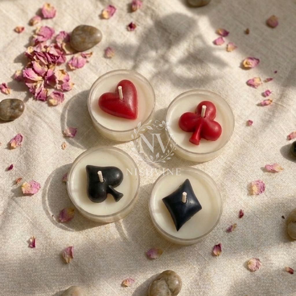 poker tealight candle hamper, playing card candle set, handmade wax tealight, party décor candle, festive gift candle, decorative tealight hamper, card suit candle design