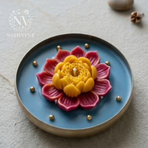 bowl urli scented candle, lotus flower soy candle, decorative urli candle, Diwali urli candle décor, puja lotus candle gift, handmade soy wax urli candle, festive centerpiece candle