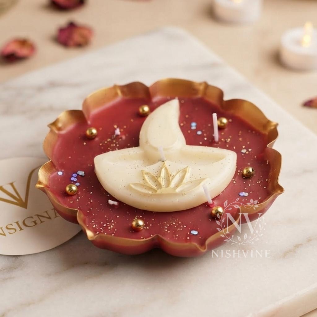 diya lotus urli candle 5.5 inch, handmade decorative wax candle, festive urli candle décor, Diwali lotus candle, puja urli candle gift, soy wax urli candle, wedding centerpiece candle