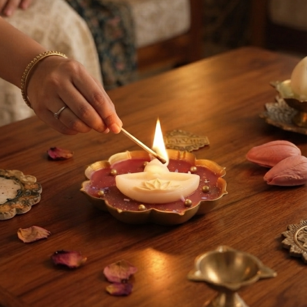 Diya Lotus Urli Candle – Handmade Decorative Wax Candle (5.5 Inch)