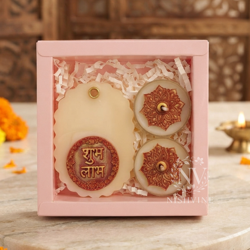candle gift hamper shubh labh, wax piece shubh labh, designer tealight candle gift, festive candle hamper, Diwali candle décor, puja candle gift box, handmade soy wax hamper