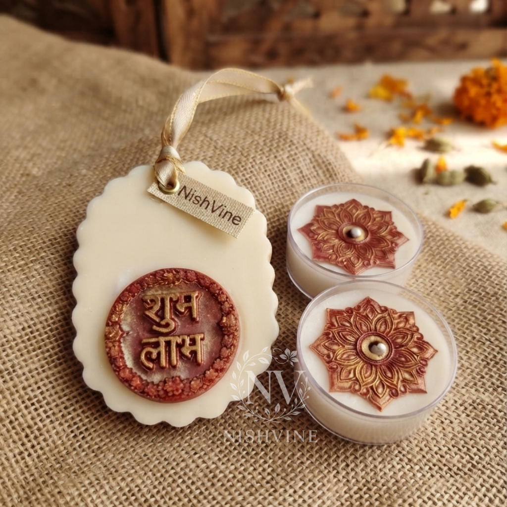 candle gift hamper shubh labh, wax piece shubh labh, designer tealight candle gift, festive candle hamper, Diwali candle décor, puja candle gift box, handmade soy wax hamper