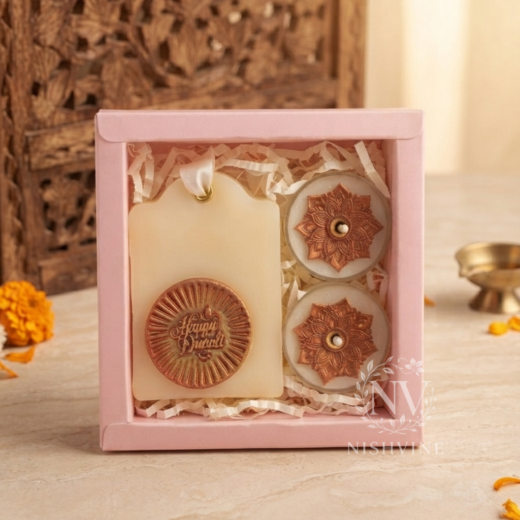 candle gift hamper happy diwali, wax sachet happy diwali, designer tealight candle gift, festive candle hamper, Diwali candle décor, puja candle gift box, handmade soy wax hamper
