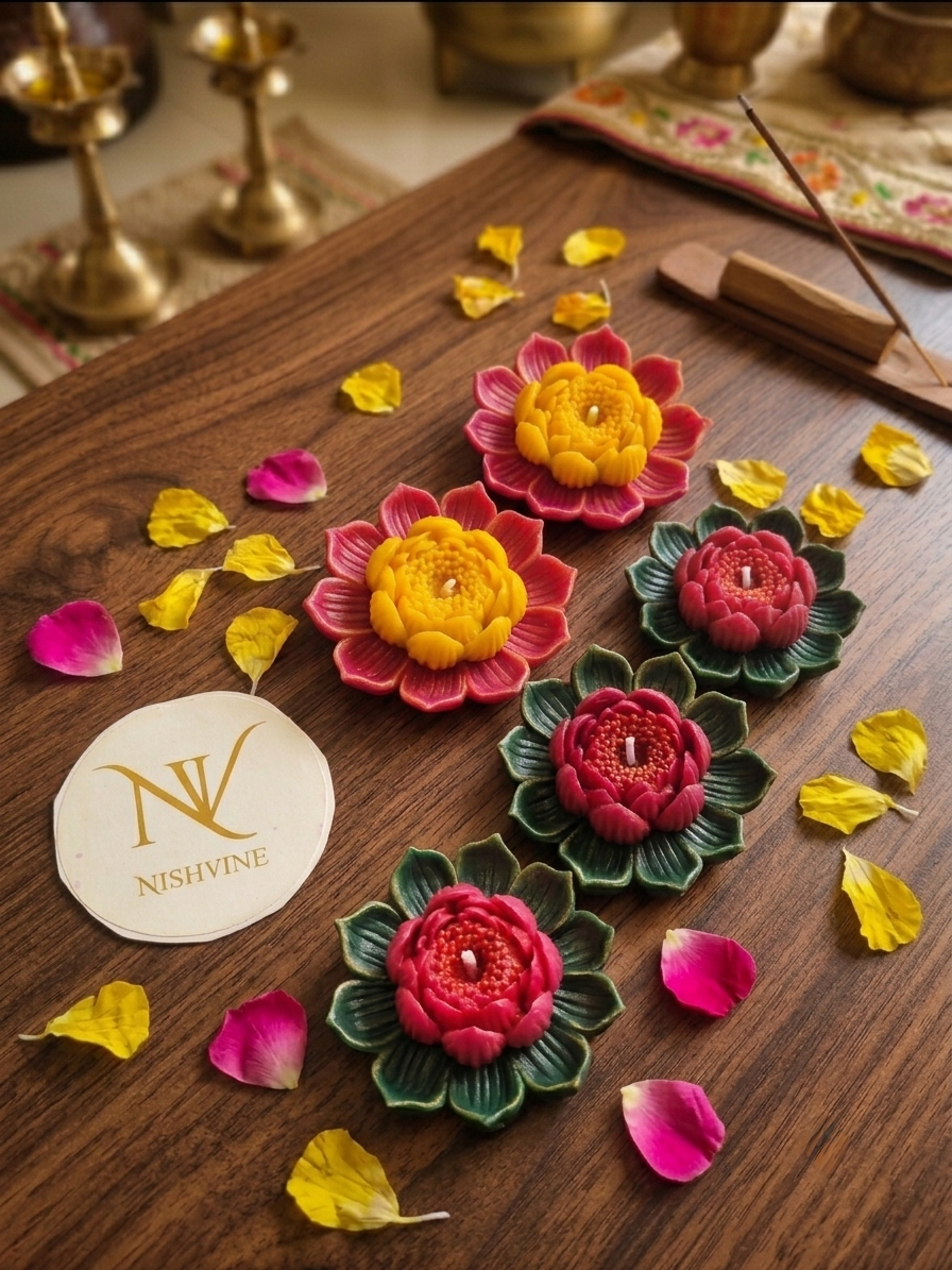 lotus flower candle set of 5, handmade lotus wax candle, decorative flower candle, Diwali lotus candle décor, puja lotus candle gift, festive wax candle set, lotus tealight candle