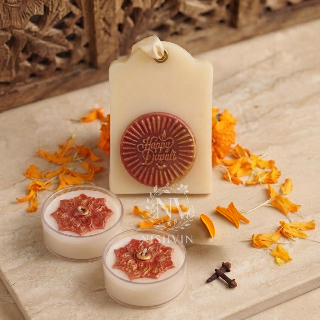 candle gift hamper happy diwali, wax sachet happy diwali, designer tealight candle gift, festive candle hamper, Diwali candle décor, puja candle gift box, handmade soy wax hamper