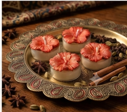 hibiscus tealight candle set of 4, handmade hibiscus wax candle, decorative flower tealight, Diwali hibiscus candle décor, puja hibiscus candle gift, festive wax candle set, soy wax tealight hamper