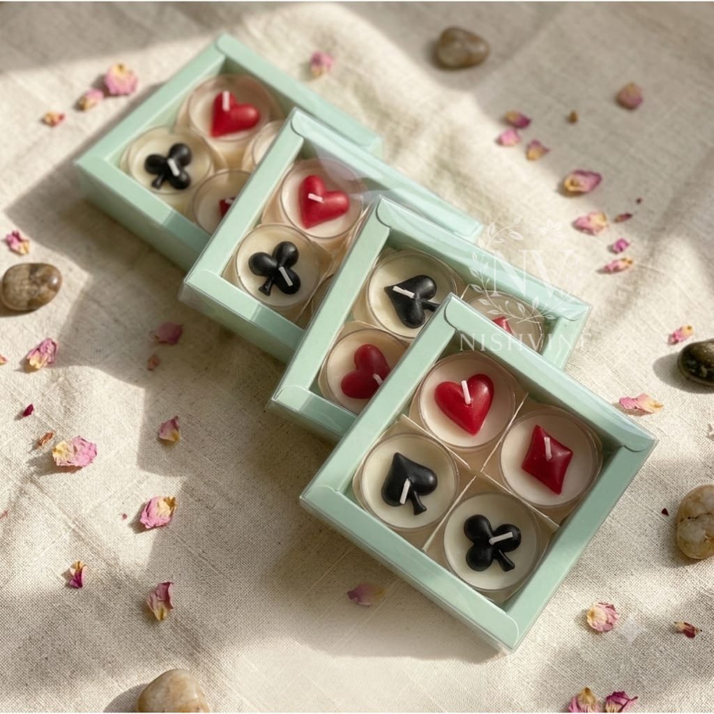 poker tealight candle hamper, playing card candle set, handmade wax tealight, party décor candle, festive gift candle, decorative tealight hamper, card suit candle design